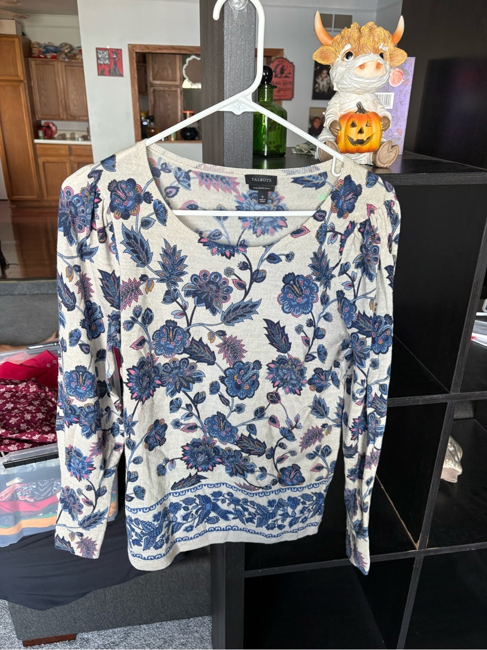 Talbots Cream and Blue Floral Long-Sleeve Top